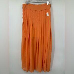 Anthropologie Maeve Orange Chiffon Lined Midi Skirt Pleated Size Large